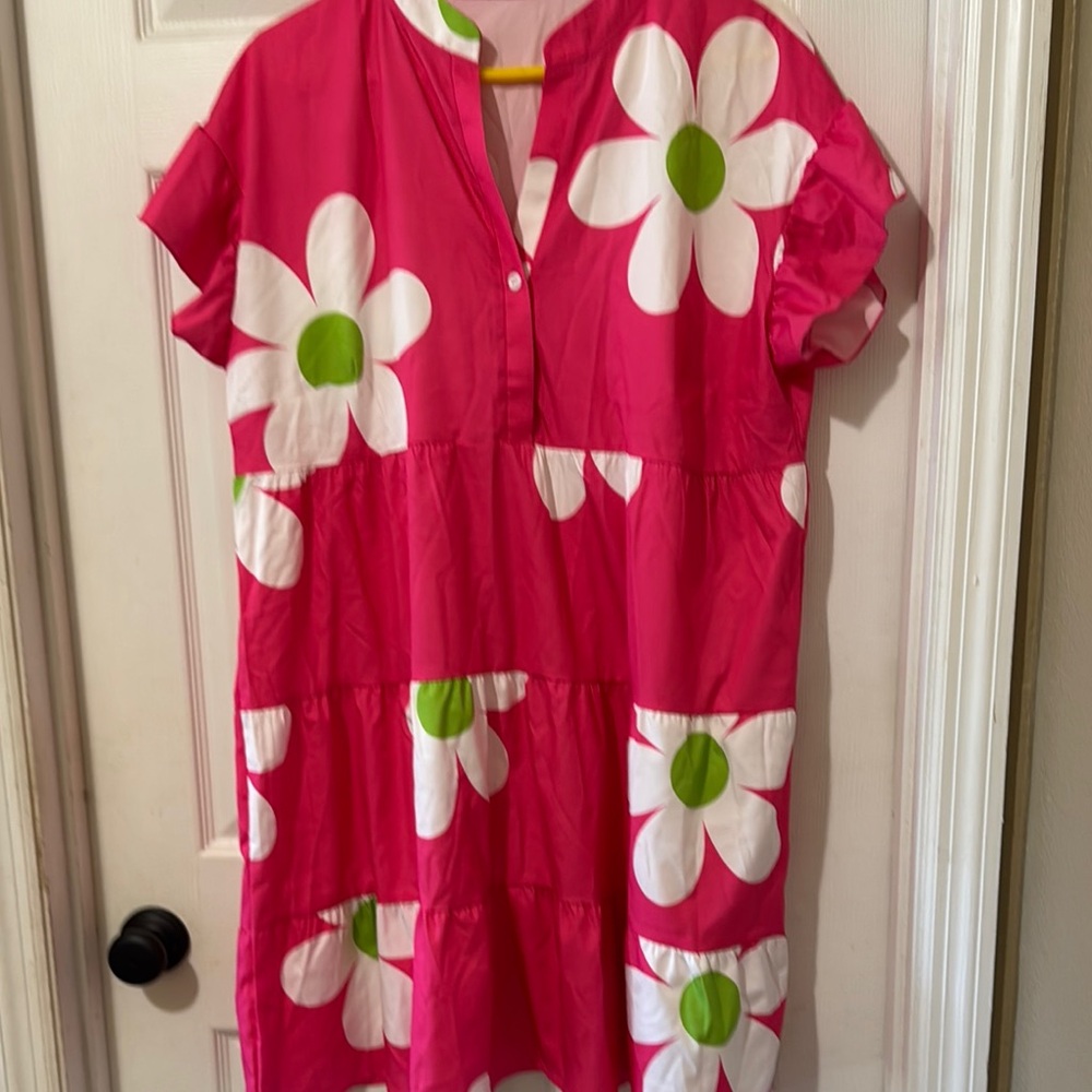 Pink Floral Dress with White and Green Accents
